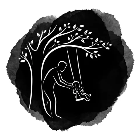 Un padre empuja a su bebé en un columpio, bajo un árbol